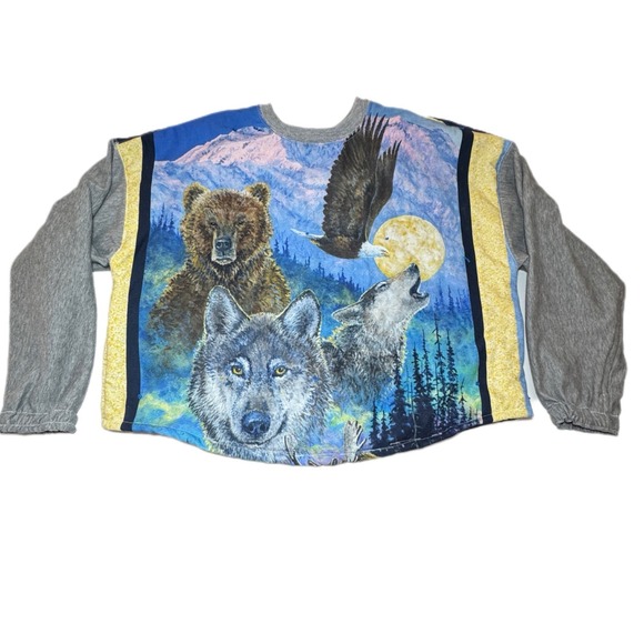 Upcycled Wildlife Patchwork Crewneck Handmade Quilt Rework Mountain Spirit Vibes - Picture 2 of 8
